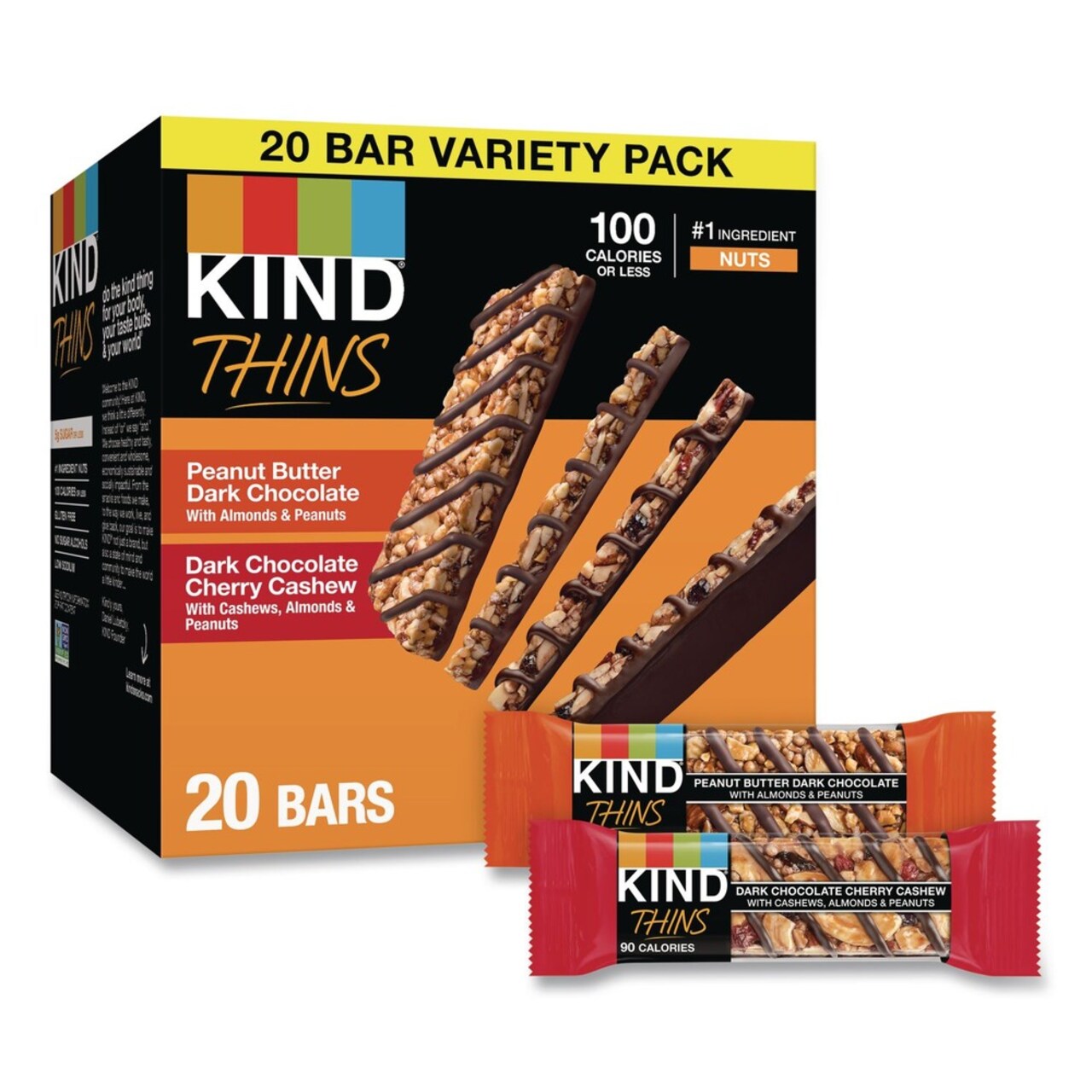 KIND 0.74 oz Thins Bar Variety Pack - Dark Chocolate Cherry Cashew/Peanut Butter Dark Chocolate (20/Box)